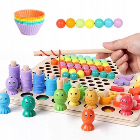 Drewno Układanka MONTESSORI RYBKI KULKI MOZAIKA Tablca LAGARYTMICZNA Sorter