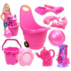 PINK Różowy MEGA ZESTAW do piasku Taczka Wiadreko Łopatka Grabki Piłka 10el