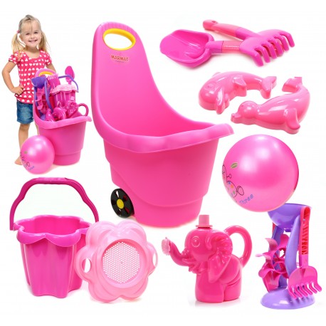 PINK Różowy MEGA ZESTAW do piasku Taczka Wiadreko Łopatka Grabki Piłka 10el