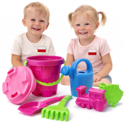 POLSKI DUŻY Zestaw do piasku Wiaderko, łopatka, grabki konewka foremki Róż