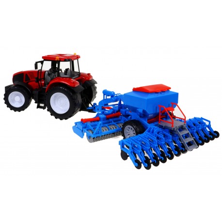 TRAKTOR Ciągnik z Siewnikiem i Agregatem uprawowym czerwony